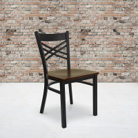 Flash Furniture Hercules Series Black ''X'' Back Metal Restaurant Chair with Mahogany Wood Seat XU-6FOBXBK-MAHW-GG